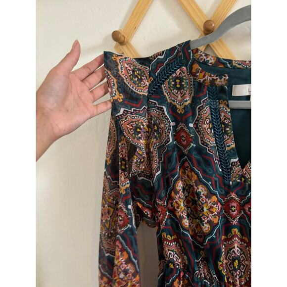 Loft Dress Women's Small Petite Tapestry Ruffle V Neck Midi Bohemian - Picture 6 of 11
